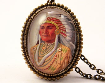 Indian Chief Ilustration Pendant Necklace