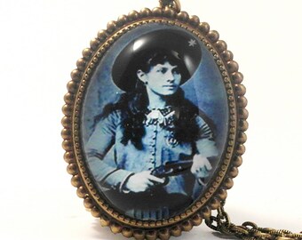 Sharp Shooting Annie Oakley Deluxe Necklace, From the Wild West, Vintage Historic Image