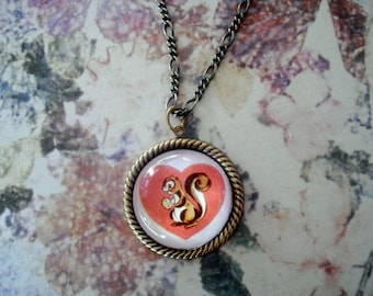 Nuts about you- vintage inpsired brass squirrel in heart cameo pendant necklace