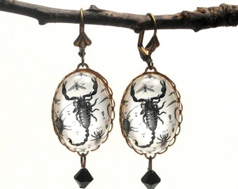 Rock Me like a Hurricane- vintage inspired scorpion dangle engraving earrings with black faceted crystal beads