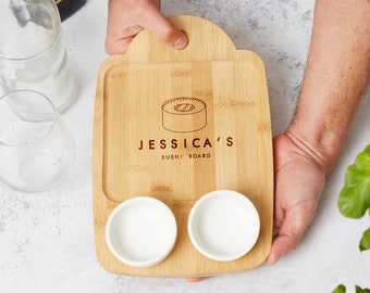 Personalised Bamboo Sushi Board With Ceramic Dipping Pots