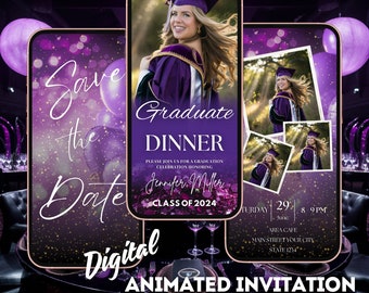 May include: Purple and gold digital animated invitation for a graduation dinner. The invitation features a photo of a graduate in a cap and gown, the text "Save the Date", and the text "Graduate Dinner". The invitation also includes the graduate's name, the date and time of the event, and the location.