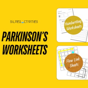 Peut inclure: Fond jaune vif avec le texte "SILVER ACTIVITIES" et "PARKINSON'S WORKSHEETS" en gras noir. Deux carrés blancs affichent "Handwriting Worksheets" et "Flow Link Sheets" avec des schémas.