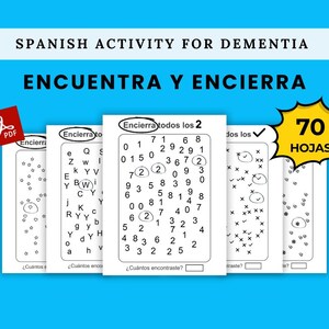 Pode incluir: Folhas de trabalho imprimíveis em preto e branco para pacientes com demência. As folhas de trabalho apresentam uma variedade de atividades, incluindo encontrar e circular números e letras. O título da folha de trabalho é "Encuentra y Encierra", que se traduz como "Encontre e Circule".