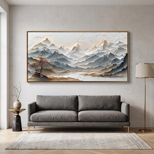 Textured Mountain Oil Painting, Misty Layers Landscape Wall Art, Pine Tree Artwork, Gray Neutral Tones for Lodge Cabin Decor