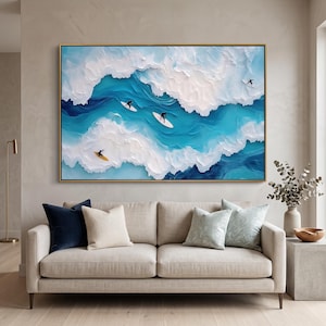 Turquoise Surfer Wave Oil Painting, 3D Textured Ocean Art, Coastal Adventure Wall Art for Beach House, Impasto Seascape Artwork