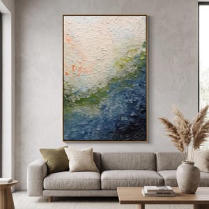 Textured Ocean Gradient Oil Painting, Teal Gray Impasto Abstract Wall Art, Coastal Modern Living Room Decor, Large Vertical Artwork