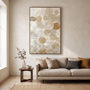 Neutral Circle Texture Oil Painting, Beige White Abstract Relief Wall Art, Minimalist 3D Impasto Artwork, Modern Organic Decor