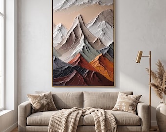 Abstract Mountain Ridge Oil Painting, Textured Neutral Snow Peaks Wall Art, Rustic Valley Landscape for Modern Lodge Decor