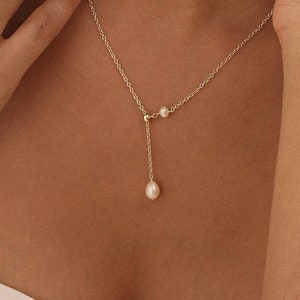 Freshwater Pearl Y Necklace, Wedding Necklace, Delicate Y necklace, Pearl Drop Necklace, Bridal Jewelry, Bridesmaid Gift for her