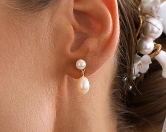 Minimalist Freshwater Pearl Stud/Clip On Earrings, Double Pearl Drop Earrings, Gold Bridal Earrings, Wedding Jewelry,Bridesmaid Gift for Her