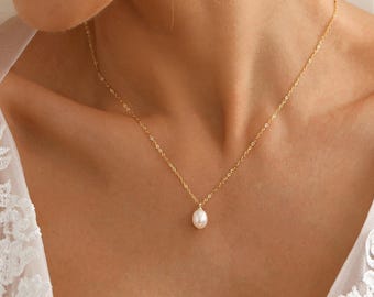 Freshwater Single Pearl Pendent Necklace, Minimalist Pearl Necklace, Bridal Jewelry, Wedding Necklace,  Bridesmaid Gift for Her,Gift for Mom