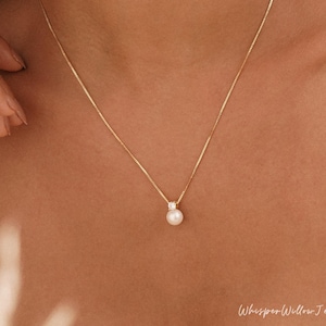 Dainty Pearl Diamond Necklace, Natural Freshwater Necklace with CZ Diamond, Wedding Necklace, Bridal Necklace, Pearl Jewelry Bridesmaid Gift
