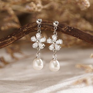 Dainty Real Pearl Flower Earrings, Diamond Flower Pearl Dangle Earrings,  Wedding Earrings, Bridal Earrings, Bridesmaid Gift, Gift for Her