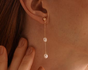 Freshwater Pearl Drop Earrings, Two Pearls Earrings, Minimalist Pearl Earrings, Bridal Earrings, Wedding Earrings, Bridesmaid Gift for Her