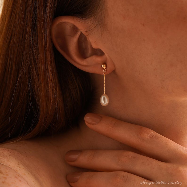 Freshwater Pearl Drop Earrings, Natural Dangle Pearl Earrings, Bridal Pearl Earrings, Genuine Wedding Pearl Jewelry, Bridesmaid Gift for Her image 1