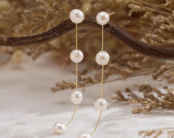 Minimalist 5 Pearls Drop Earrings, Natural Pearl Long Earrings, Wedding Earrings, Multiple Pearls Earrings, Bridesmaid Gifts, Bridal Jewelry
