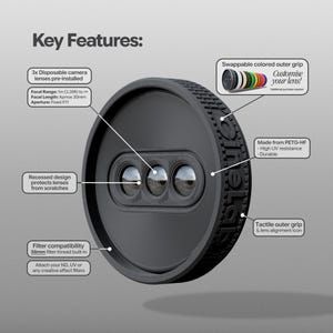 May include: A black camera lens attachment with three lenses, featuring a recessed design and filter compatibility. The image highlights key features, including a swappable colored outer grip and tactile grip. Text on the image reads "Customise your lens!"