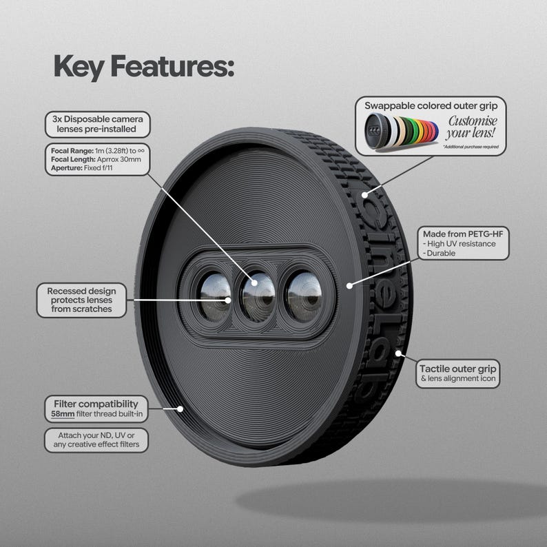 May include: A black camera lens attachment with three lenses, featuring a recessed design and filter compatibility. The image highlights key features, including a swappable colored outer grip and tactile grip. Text on the image reads "Customise your lens!"