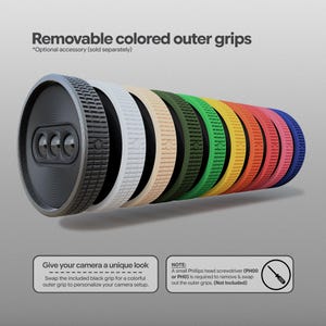 May include: A black camera grip with a series of removable colored outer grips in white, beige, olive green, green, yellow, orange, pink, and blue. The text reads "Removable colored outer grips".