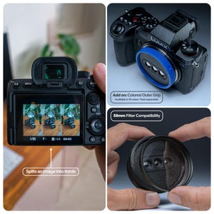 May include: A black Lumix camera with a blue outer grip and a 58mm filter. The camera's screen displays an image split into thirds. The text reads "Splits an image into thirds" and "58mm Filter Compatibility."
