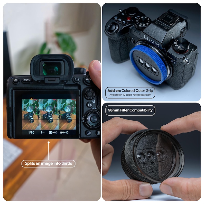 May include: A black Lumix camera with a blue outer grip and a 58mm filter. The camera's screen displays an image split into thirds. The text reads "Splits an image into thirds" and "58mm Filter Compatibility."