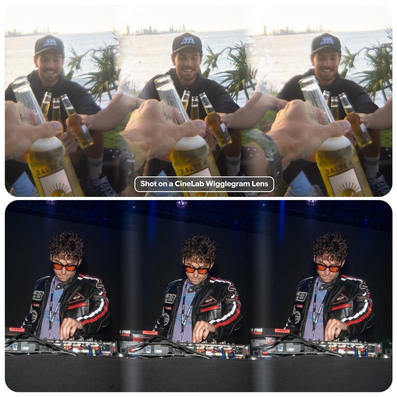 May include: A split image featuring two scenes. The top shows people toasting with beer bottles, the bottom shows a DJ at work. The beer bottles have a sun logo. The DJ wears a black leather jacket and orange glasses. Text reads: Shot on a CineLab Wigglegram Lens.