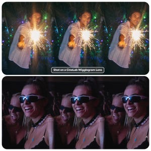 May include: A composite image featuring two distinct scenes. The top shows a person holding a sparkler, with bright sparks and a blurred background. The bottom shows a group of people wearing sunglasses and laughing. The text "Shot on a CineLab Wigglegram Lens" is visible.