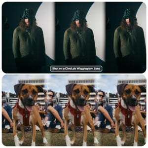 May include: A three-panel image featuring a person wearing a green sweater and a patterned bucket hat. The bottom panel shows a dog wearing a red harness. The text "Shot on a CineLab Wigglegram Lens" is visible.