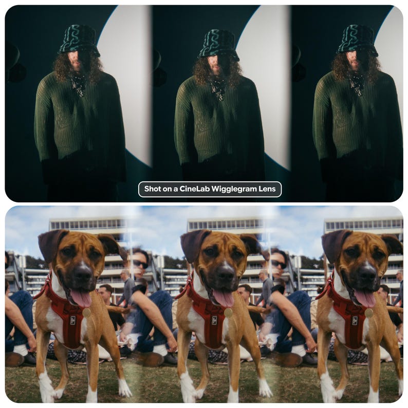 May include: A three-panel image featuring a person wearing a green sweater and a patterned bucket hat. The bottom panel shows a dog wearing a red harness. The text "Shot on a CineLab Wigglegram Lens" is visible.