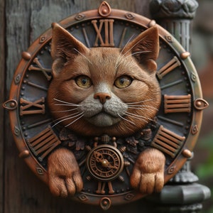 May include: A brown cat face with a white nose and whiskers is sculpted into a round, copper-colored clock face. The clock face has Roman numerals and a smaller clock face in the center.