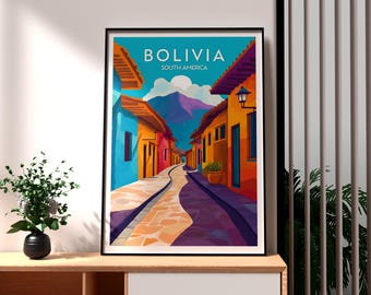 Poster di viaggio in Bolivia: stampa artistica colorata del Sud America