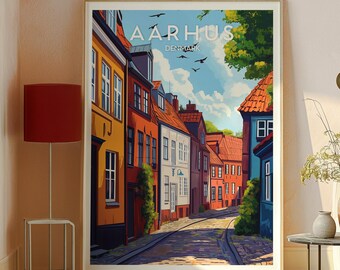 デンマーク・オーフスの旅行ポスター：カラフルな街の運河アート