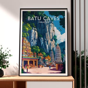 May include: A colorful illustration of the Batu Caves in Malaysia. The image features a large limestone cliff with a Hindu temple at the base. The temple is decorated with intricate carvings and colorful paint. The sky is blue with white clouds.