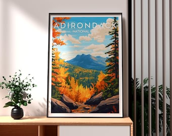 Könnte beinhalten: Ein Vintage-Reiseposter mit einer malerischen Aussicht auf den Adirondack National Park. Das Poster zeigt eine Bergkette in der Ferne, mit einem Wald aus Bäumen im Vordergrund. Die Bäume sind eine Mischung aus Grün und Gelb, wobei einige Blätter rot und orange werden. Das Poster trägt den Text "ADIRONDACK NATIONAL PARK" oben.