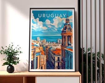 Cartaz de viagem do Uruguai: impressão artística da paisagem urbana de Montevidéu