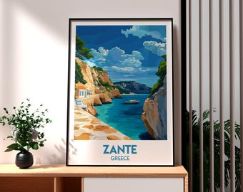 May include: A colorful illustration of a coastal scene in Zante, Greece. The image features a turquoise blue sea, rocky cliffs, and a small white building. The text "ZANTE GREECE" is at the bottom of the image.