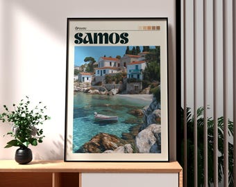 May include: Framed art print featuring a coastal scene from Samos, Greece. The image shows white buildings with red tile roofs, a turquoise sea, and a small boat. The word "Samos" is displayed in bold, dark green letters.