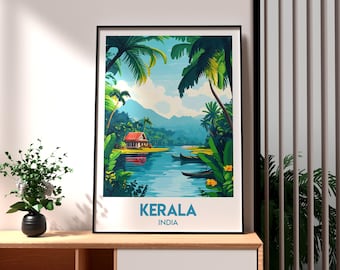 Impresión de los remansos de Kerala: póster de viaje a la India, arte mural tropical
