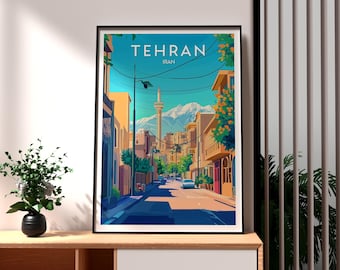 May include: A colorful illustration of a street scene in Tehran, Iran. The image features a tall tower, buildings, and a street lined with trees. The text "TEHRAN" and "IRAN" is displayed at the top of the image.
