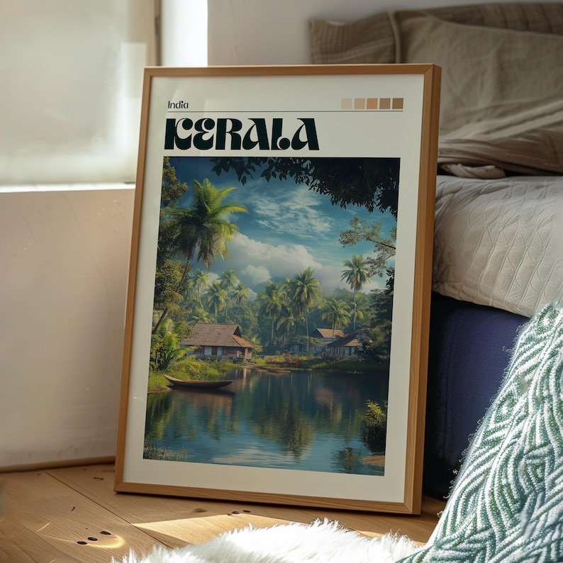May include: A framed print with a retro design featuring a scenic view of a tropical lake in Kerala, India. The print features a blue lake with palm trees and a small village in the background. The text "KERALA" is in a bold, retro font.