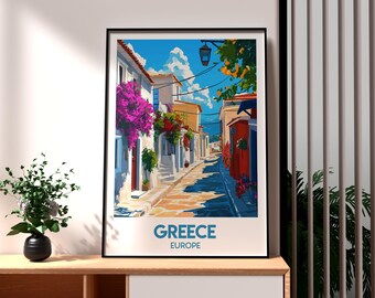 Greece Travel Poster: Colorful Island Street Art Print