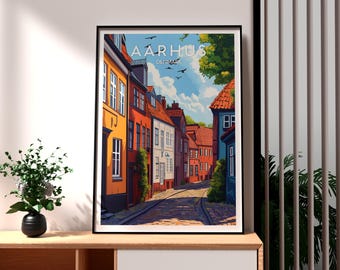 デンマーク・オーフスの旅行ポスター：カラフルな街の運河アート
