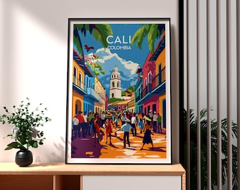 Pode incluir: Uma ilustração colorida de uma cena de rua em Cali, Colômbia. A imagem apresenta uma rua vibrante ladeada por edifícios coloridos, palmeiras e uma multidão de pessoas. O texto "Cali, Colômbia" é exibido no topo da imagem.
