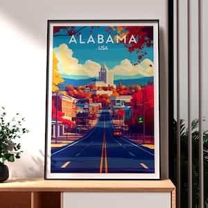 Impresión de Alabama - Arte mural de Alabama - Póster del estado de EE. UU. - Póster de Birmingham, Alabama - Impresión de viaje a EE. UU. - Impresión de la ciudad de Montgomery - Arte mural de EE. UU.