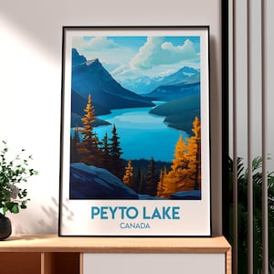Peut inclure: Une affiche de style vintage représentant une vue panoramique du lac Peyto au Canada. L'affiche a un fond bleu avec un lac turquoise entouré de montagnes et d'arbres. Le texte "Peyto Lake" et "Canada" est imprimé en blanc au bas de l'affiche.