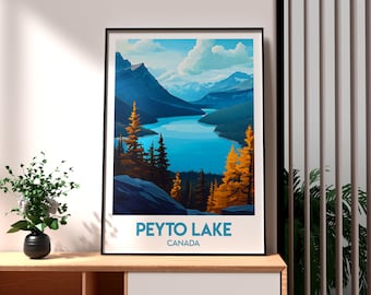 May include: A vintage-style poster featuring a scenic view of Peyto Lake in Canada. The poster has a blue background with a turquoise lake surrounded by mountains and trees. The text "Peyto Lake" and "Canada" is printed in white at the bottom of the poster.