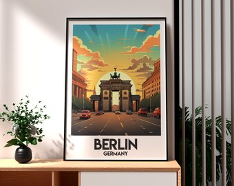 May include: A colorful illustration of the Brandenburg Gate in Berlin, Germany. The gate is depicted at sunset with a bright orange sky and clouds. Cars are driving on the street in front of the gate.