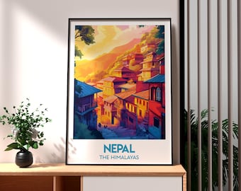 Nepal Travel Poster: Himalayas Art Print, Kathmandu Illustration