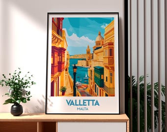 May include: A colorful illustration of a cityscape with buildings, a harbor, and boats. The text "VALLETTA MALTA" is at the bottom of the image.